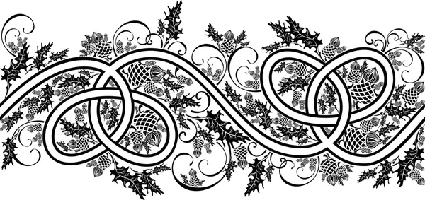 Border with celtic ornament and flowers thistle black and white — Stock Vector