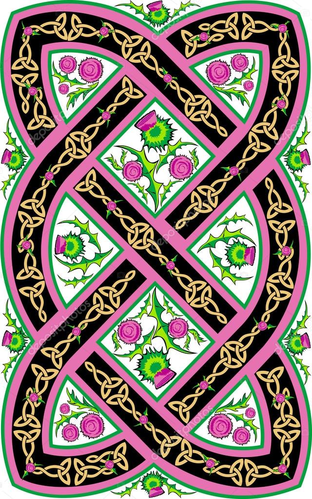 beautiful Celtic pattern with flowers thistle