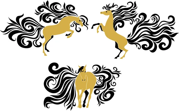 Koně s krásnou hřívou a ocasem — Stockový vektor