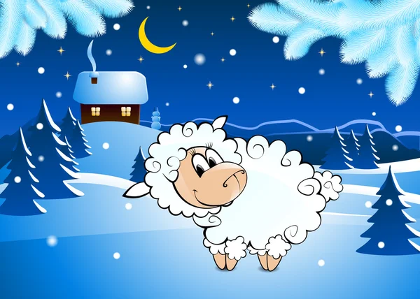 Sheep new year night winter tree house — Stockvector