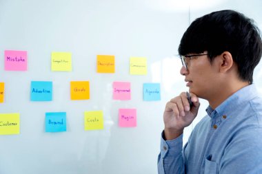 Bardaktaki poz kağıdını izleyen bir işadamı, bir iş planına ilham vermek için birçok anahtar kelime yazıldı..