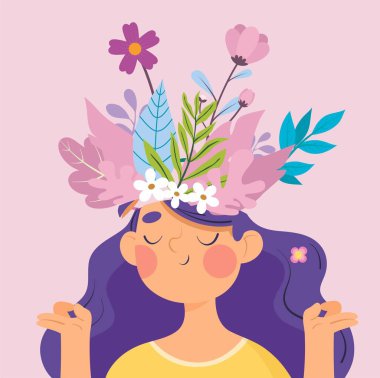 Kız meditasyon yapıyor. Kafasında çiçekler var..