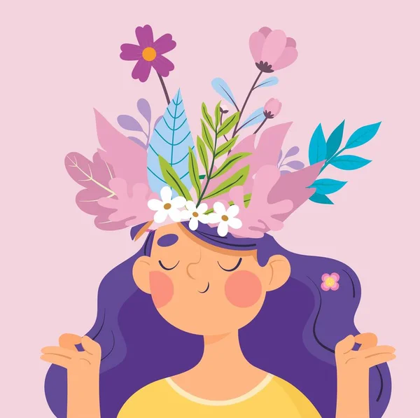 女の子は瞑想しています 頭に花があります — ストック写真