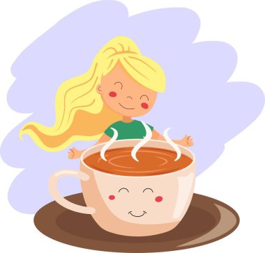 Elinde bir fincan kahve tutan tatlı küçük bir kız. Gülümseyen kız ve gülümseyen kupa.