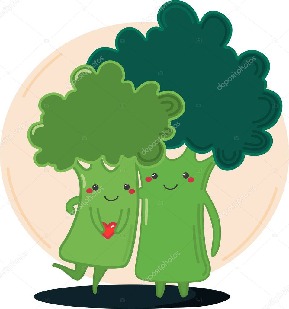 A cute couple of broccoli hug and laugh, love a healthy lifestyle, love of sports.