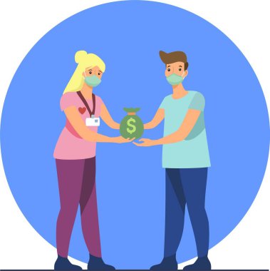 Resimde iki kişi resmedilmiş, bir adam ve bir kadın, bir salgında birbirlerine yardım ediyorlar. Sosyal hizmetler görevlisi paralı bir adama yardım eder, bağış yapar..