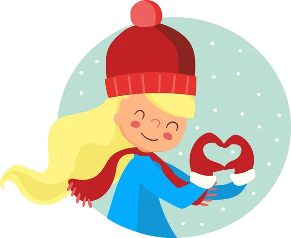 Ein süßes Mädchen in Handschuhen zeigt ihr Herz. Eine schöne Silvesterillustration, eine winterliche Illustration. — Stockvektor