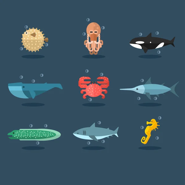Κατοίκους των θαλασσών και των ωκεανών. Vector εικονογράφηση σύνολο. — Διανυσματικό Αρχείο