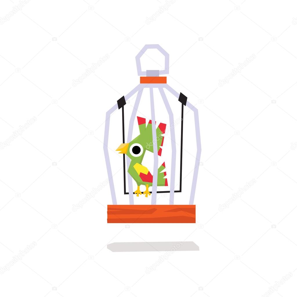 Parrots in a Cage. Flat Vector Illustration