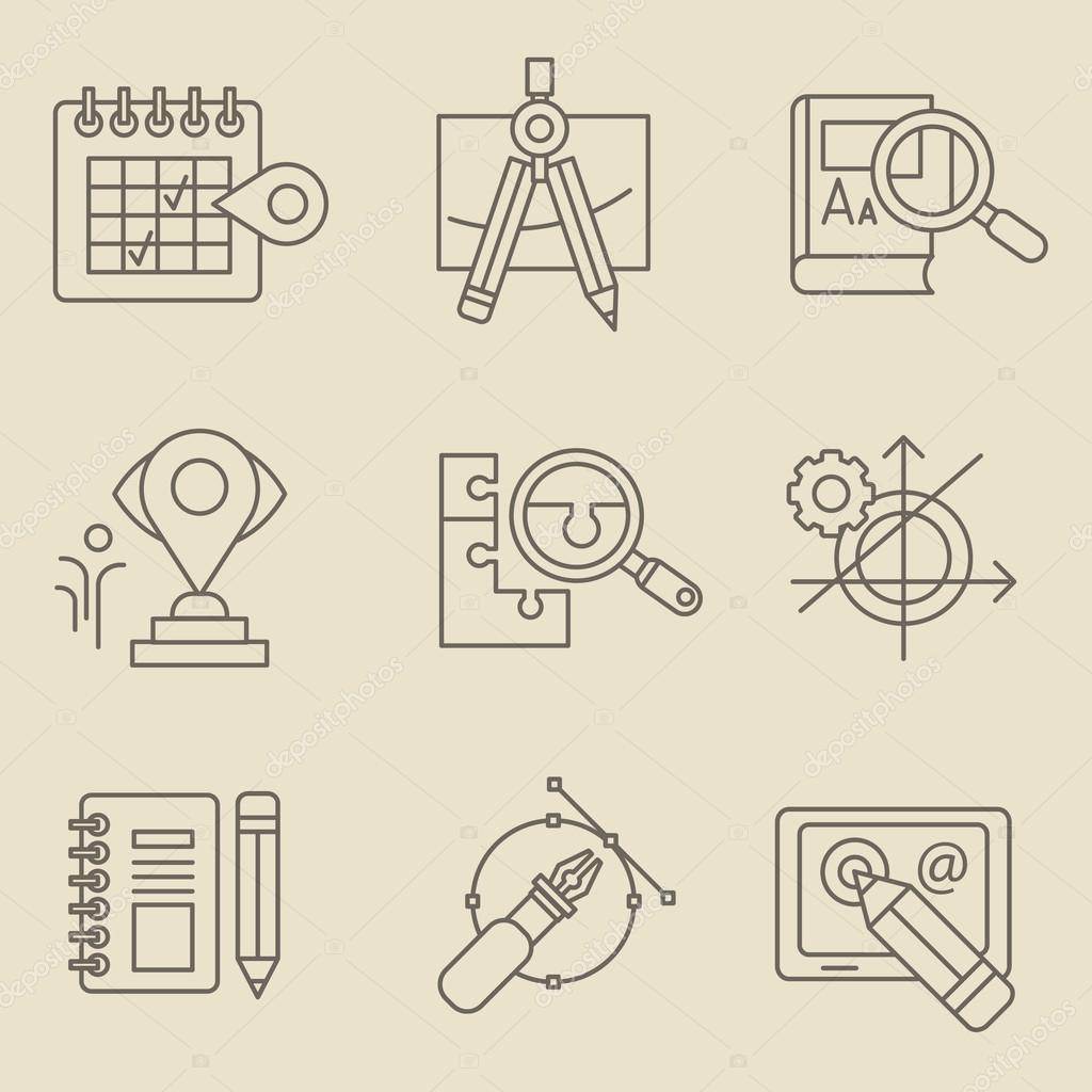 Creative design process concept with web studio development elements, business vision, marketing strategy, smart solution and success ideas. Flat line icons modern style vector illustration set