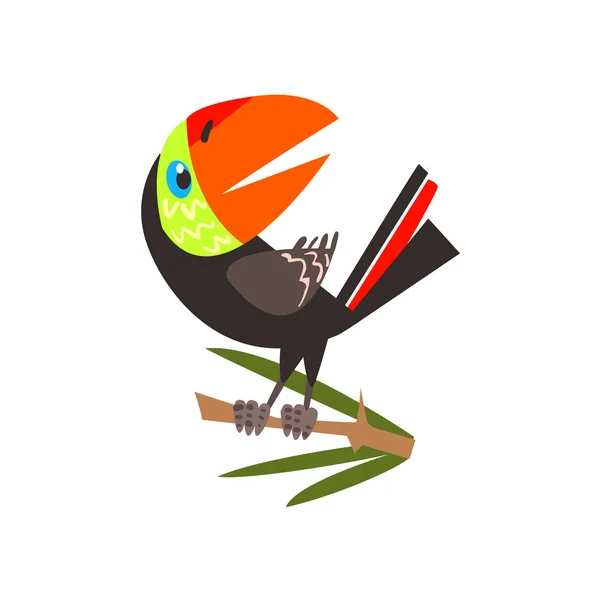 Toucan sitter på gren platt karikatyr — Stock vektor