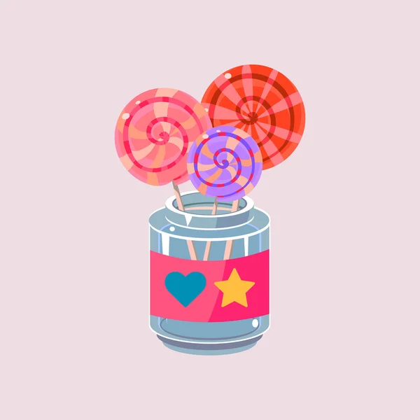 Lollypops en tarro estilo de dibujos animados — Vector de stock
