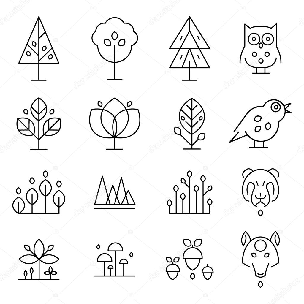 Abstract Forest Drawing Collection  In Minimalistic Vector On Gray Background