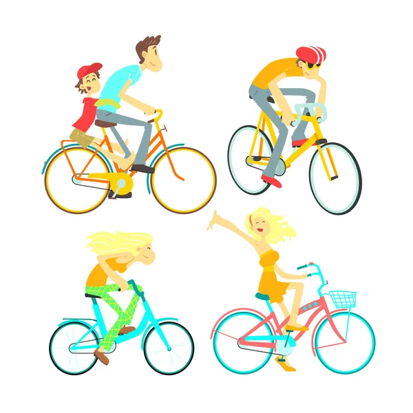 Conjunto de personas en bicicletas — Vector de stock