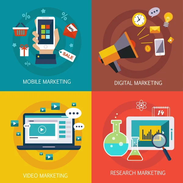 Banner aziendali, Internet, mobile, digitale, ricerche di mercato, video marketing. Vettore piatto — Vettoriale Stock