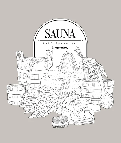 Sauna Set Vintage Sketch — Stock Vector