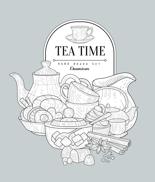 Tea Time Vintage Sketch — Stock Vector