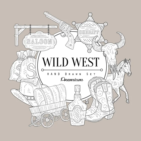 Wild West Set Vintage Sketch - Stok Vektor