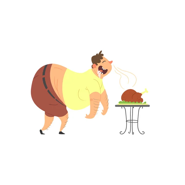 Fat Guy Drooling Over Chicken — Stock Vector
