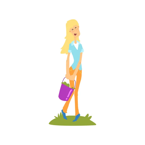 Girl Carrying Bucket of Vegetables — стоковый вектор