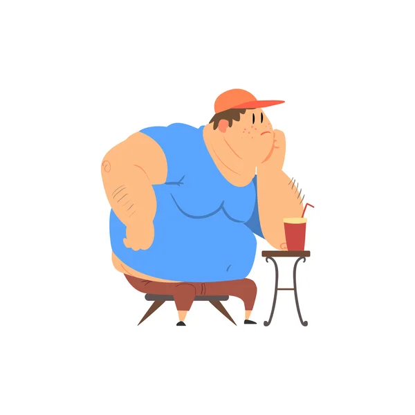 뚱뚱한 남자는 커피 테이블에 앉아 — 스톡 벡터
