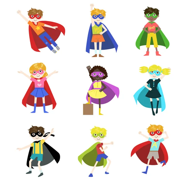 Niños vestidos como superhéroes Set — Vector de stock
