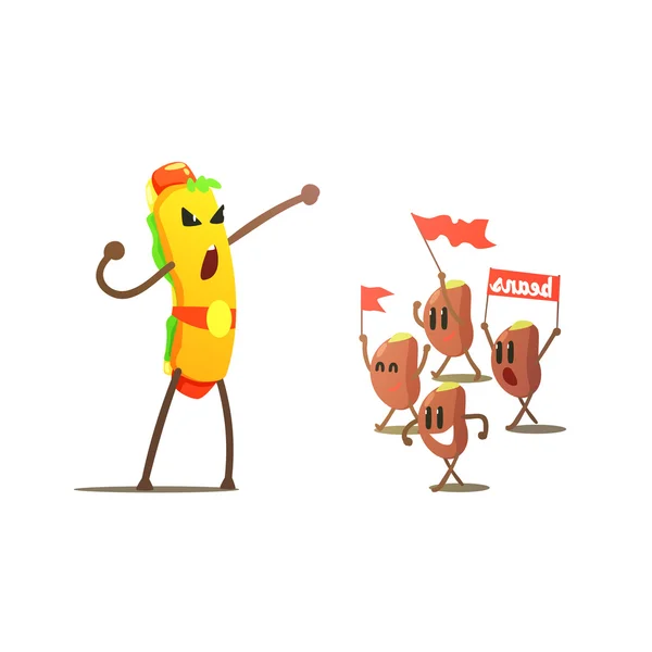 Hot Dog Against Beans Cartoon Fight — Stock Vector