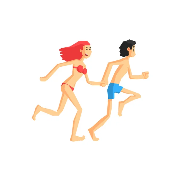 Paar In zwemkleding lopen hand in hand — Stockvector