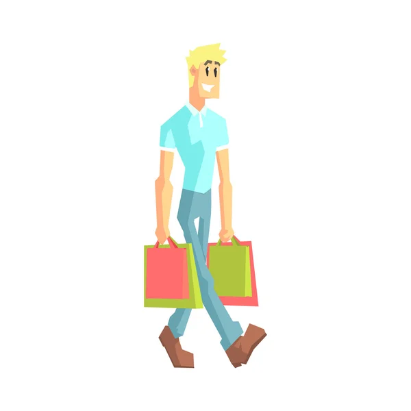 Tipo con dos bolsas de compras — Vector de stock