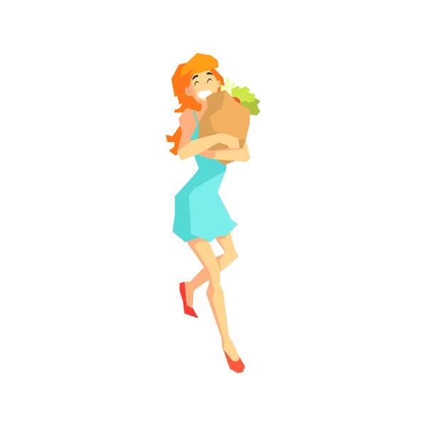 Girl With Vegetables In Paper Bag — Stock Vector