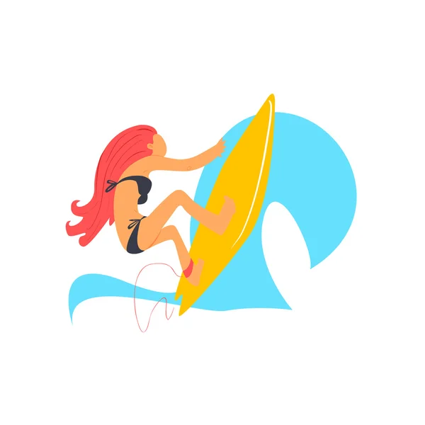 Rudowłosa dziewczyna na deskę surfingową żółty — Wektor stockowy