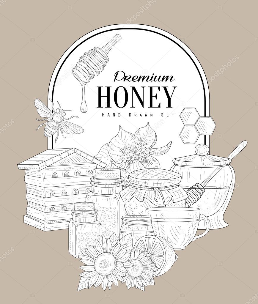 Premium Honey Vintage Vintage Vector Hand Drawn Design Card