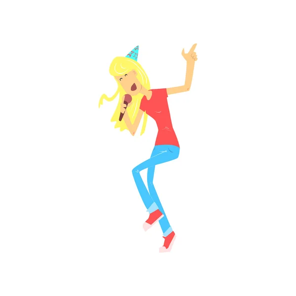 Chica rubia cantando en el karaoke — Vector de stock