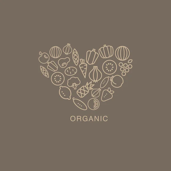 Heart Shaped Logo Composed Of Fruits And Vegetables On Brown Background - Stok Vektor