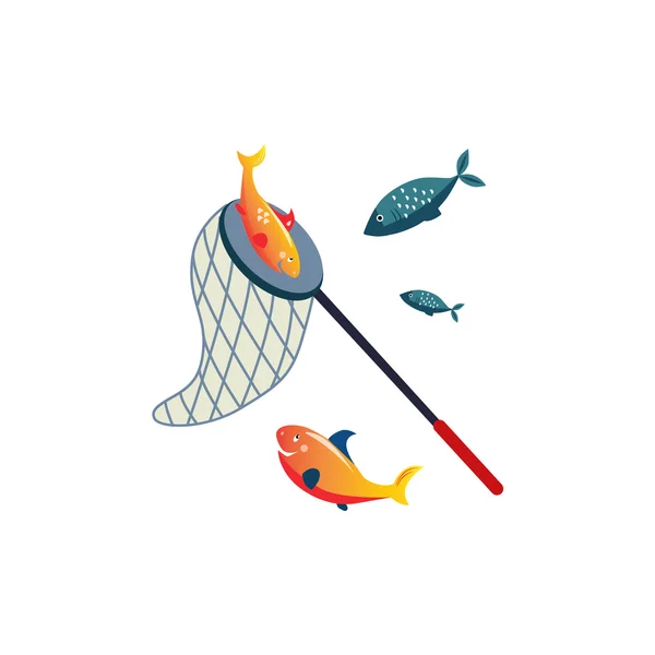 Rede de pesca na vara e peixes —  Vetores de Stock