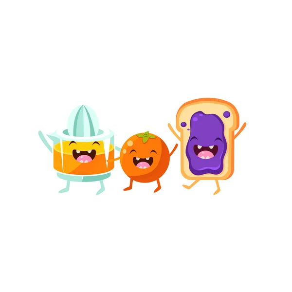 Orange, Squeezer And Toast Cartoon Friends — Stock Vector