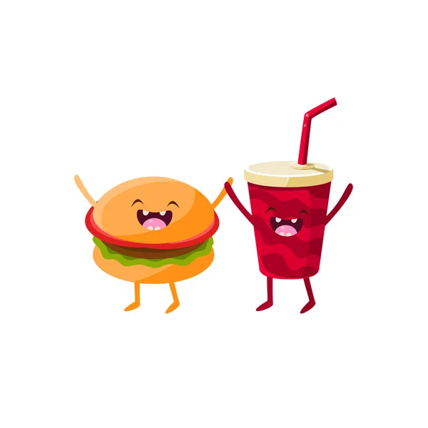 Burger And Soda Cartoon Friends - Stok Vektor