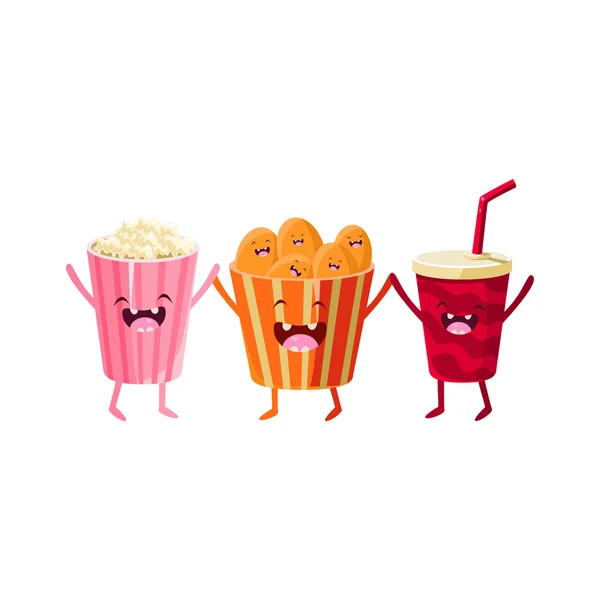 Popcorn, frisdrank en Chips Cartoon vrienden — Stockvector