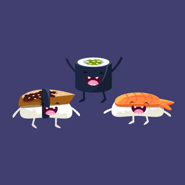 Sushi en Miso soep Cartoon vrienden — Stockvector