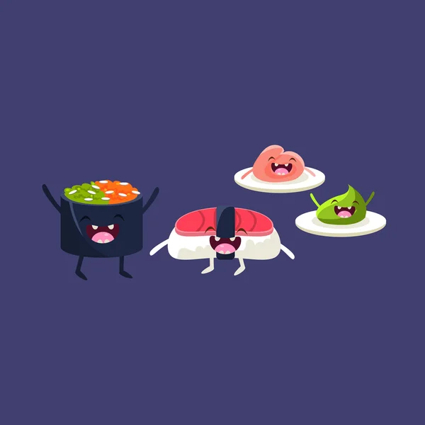 Sushi Tuna And Rice Cartoon Friends — Stock Vector