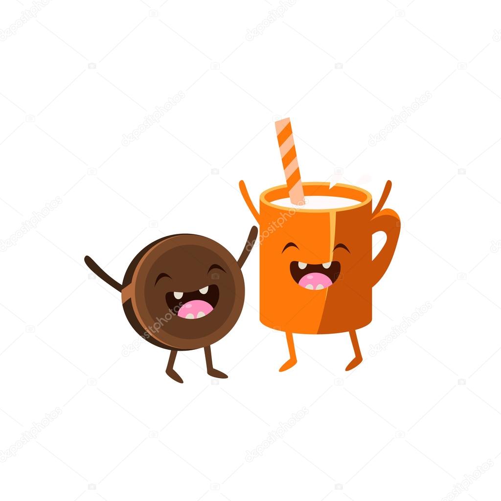 Latte e biscotto amici colorato divertente piatto del fumetto illustrazione su priorit  bassa bianca isolata — Vettoriali di TopVectors
