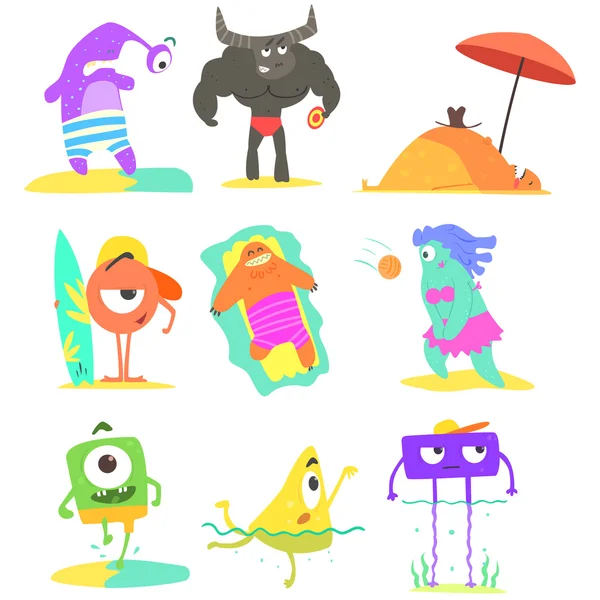 Monstruos en la playa ilustraciones conjunto — Vector de stock