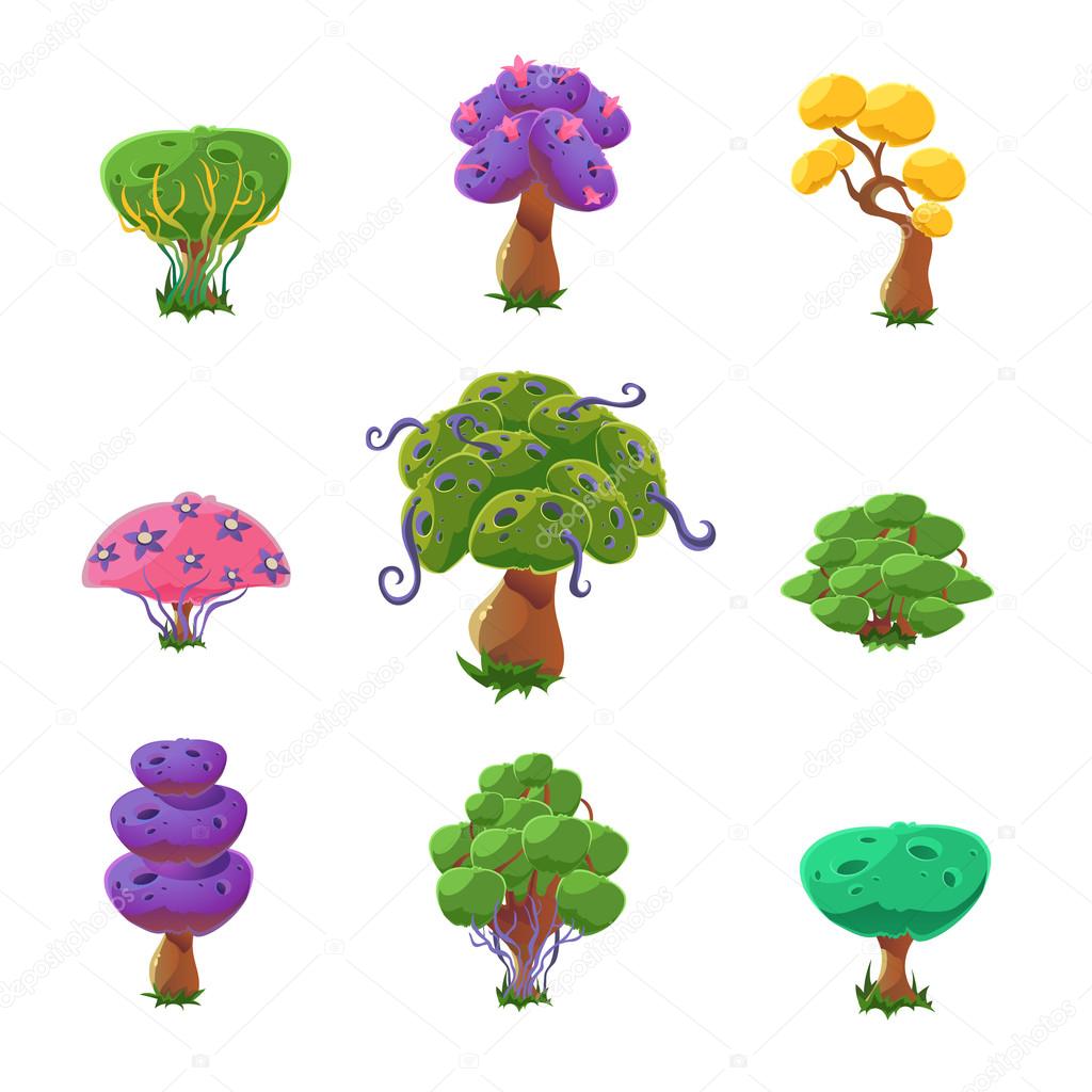 Alberi fantastici Set di Girly carino lo stile piatto disegni animati vettore isolato su priorit  bassa bianca — Vettoriali di TopVectors