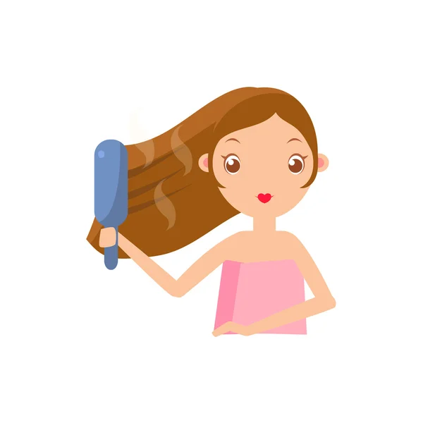 Girl Straightening The Hair — Stock Vector