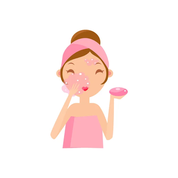 Girl Washing Face With Soap — Stock Vector