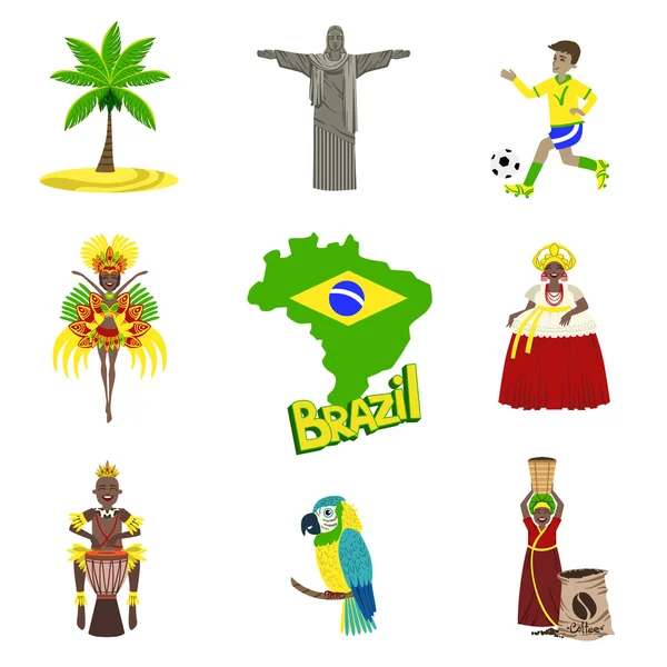 Tradiční Brazilsko symboly s Set lidí — Stockový vektor
