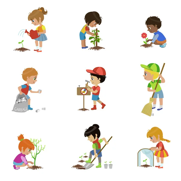 Niños Gardening Illustrations Set — Archivo Imágenes Vectoriales