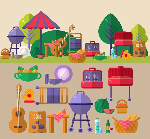 Barbeque Outdoors Object Set — Stock Vector