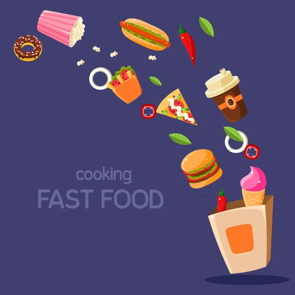 Fast Food Flying In Paper Bag — Stock Vector