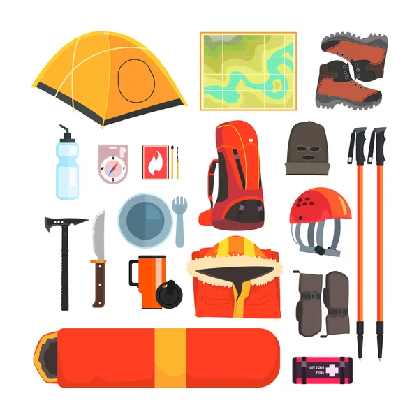 Conjunto de equipamentos de acampamento de montanha — Vetor de Stock